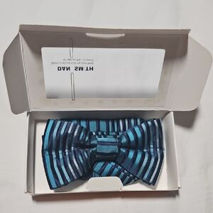 NEW Dan Smith Bow Tie in Gift Box Navy Blue Teal Stripes Handmade Microfiber